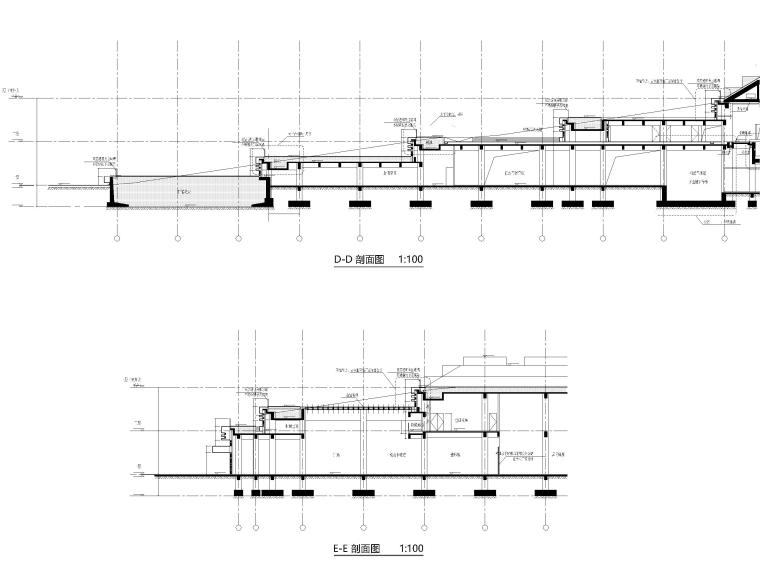 [江苏]工业园区体育中心游泳馆建筑施工图-D-D、E-E剖面图