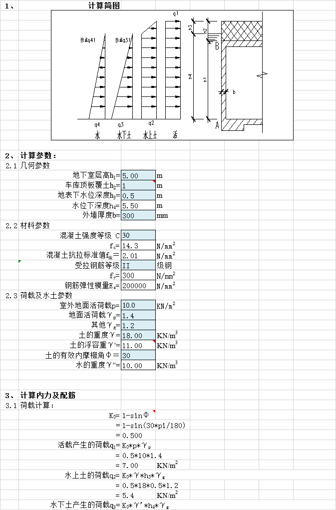 门卫室结构计算书资料下载-单层地下室(有覆土)外墙计算书excel