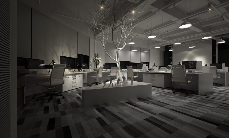 服装办公空间设计3d资料下载-现代简约办公空间夜景3D模型+效果图