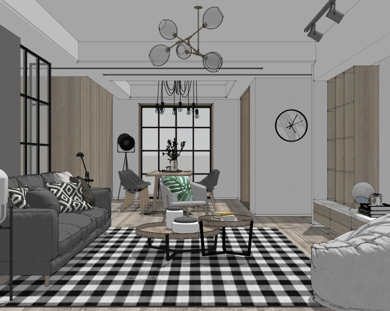 家装卧室设计原木效果图资料下载-室内家装_北欧风客餐厅SU模型+效果图