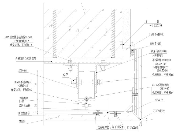 干挂石材幕墙，角钢耳挂件，千思板等节点图-后切式干挂石材幕墙安装平面节点详图