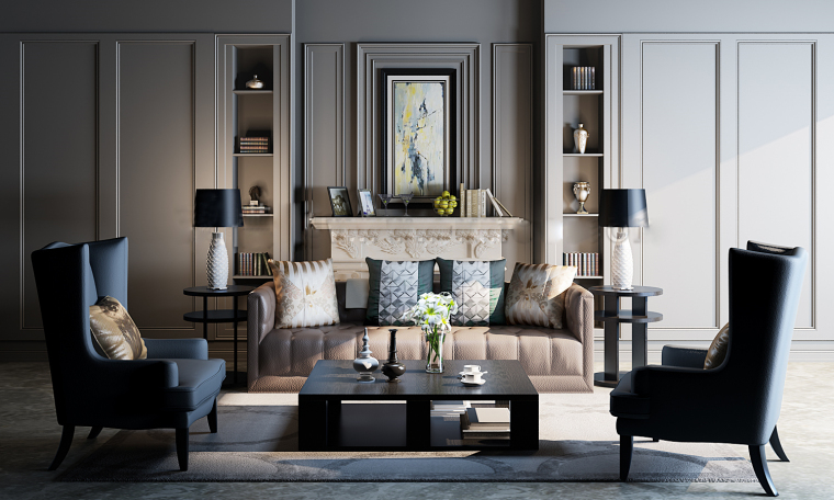 客厅有梁的效果图资料下载-欧式客厅沙发组合3D模型+效果图