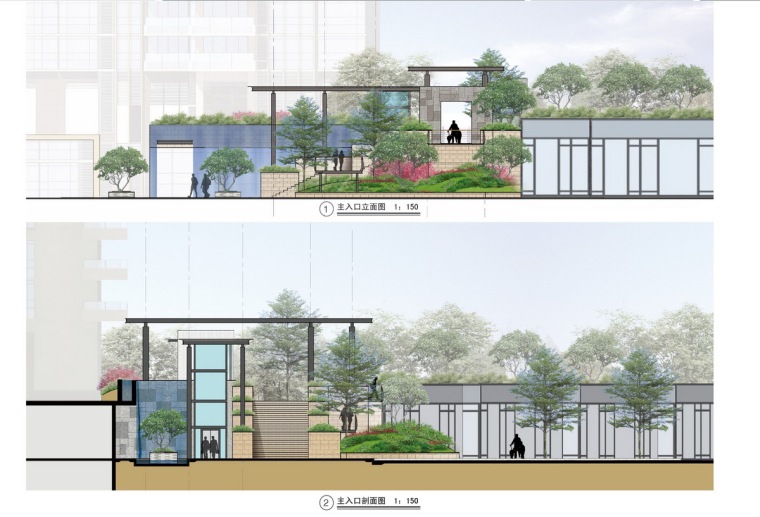 [广东]现代自然山水式居住小区景观设计方案-主入口剖立面