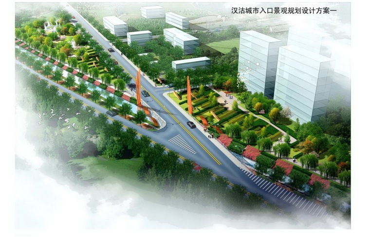 周边道路影响方案资料下载-[江苏]田园城市入口道路周边绿地景观方案