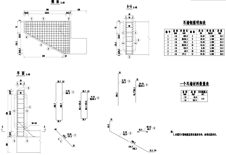 [湖南]农村公路水毁桥拆除重建维修加固工程-耳墙钢筋构造图