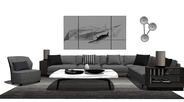 中式家装效果图精彩案例资料下载-室内家装_现代沙发茶几组合SU模型+效果图