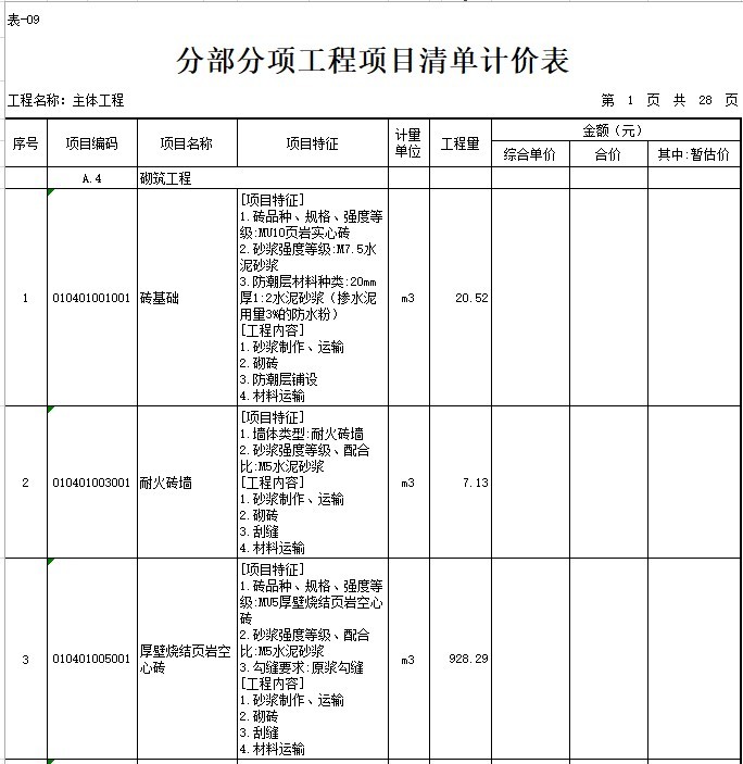 小学综合楼项目建设工程量清单(含图纸)-6、分部分项工程项目清单计价表