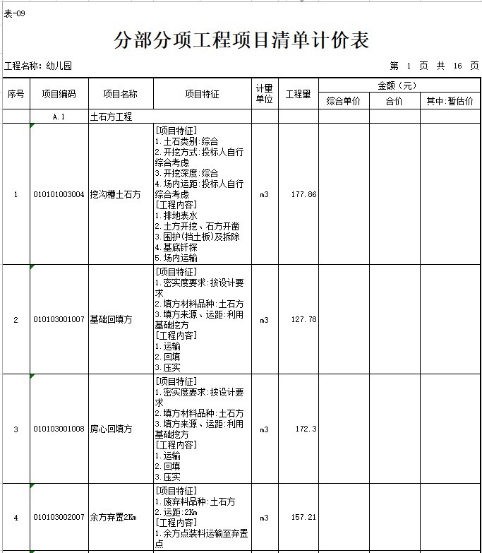 安置房工程工程量清单(含图纸)-6、分部分项工程项目清单计价表