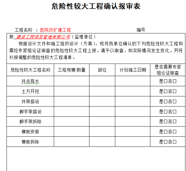 医院改扩建工程安全监理工作基本表填写实例-危险性较大工程确认报审表