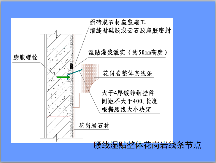 房建工程标准施工细部节点做法（图文并茂）-腰线湿贴整体花岗岩线条节点