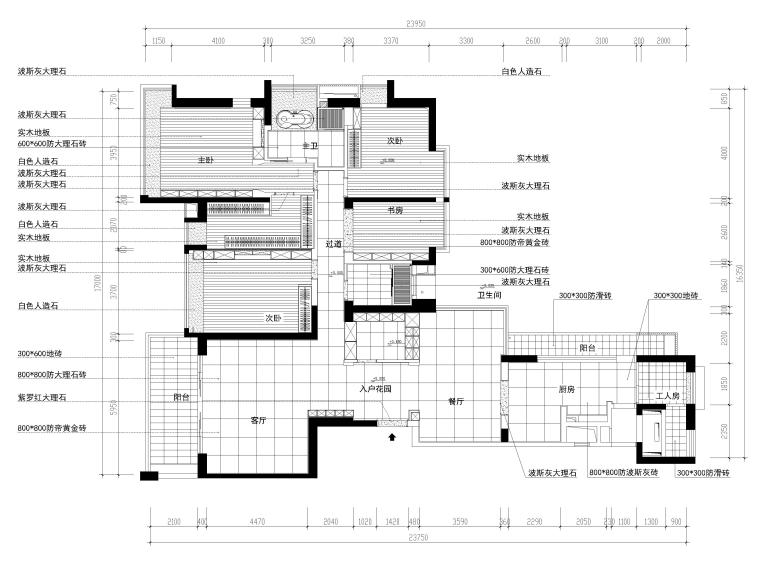 [深圳]240㎡现代三居室平层样板间施工图-地面铺装图