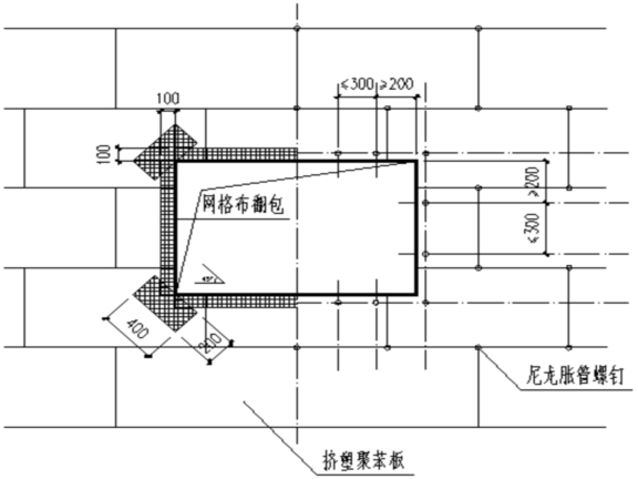 门窗洞口附加网格布及固定件排版示意图