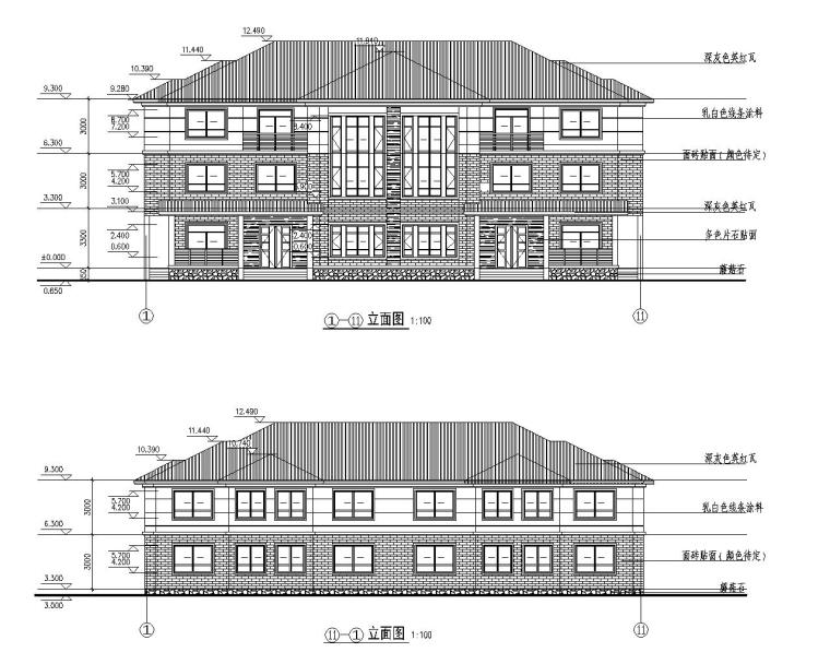 双拼三层砖混结构别墅施工图（CAD含建筑）-建筑立面图