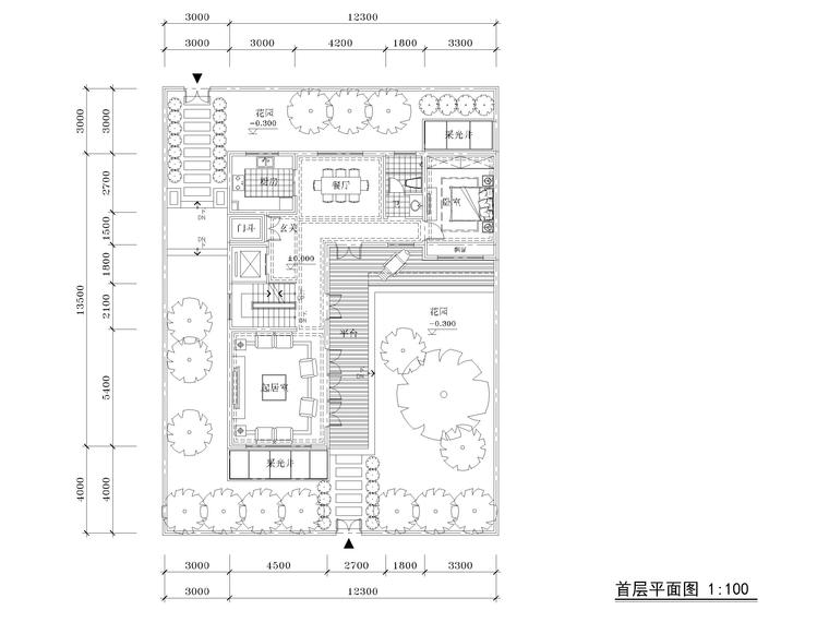 低层别墅双拼四房三开间户型图CAD-230㎡-首层平面图