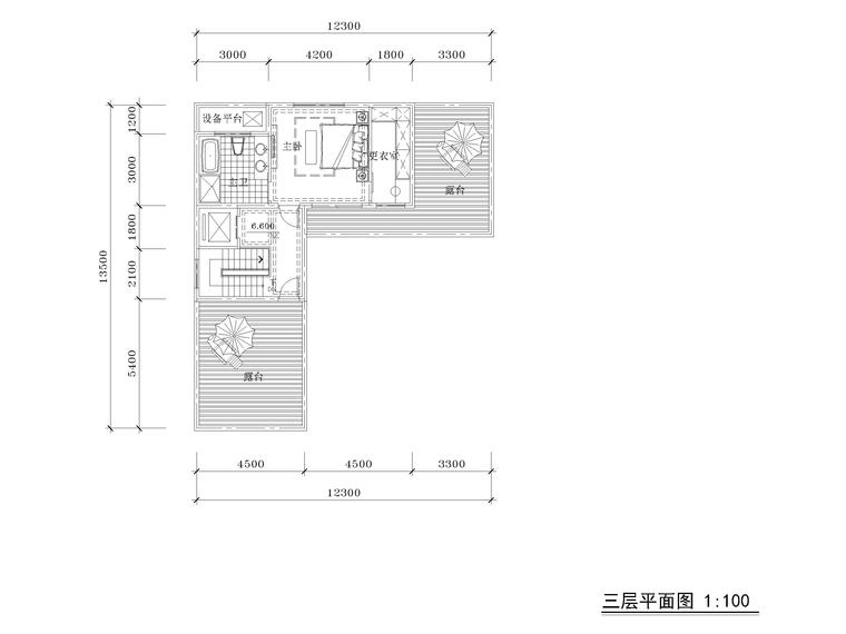 低层别墅双拼四房三开间户型图CAD-230㎡-三层平面图