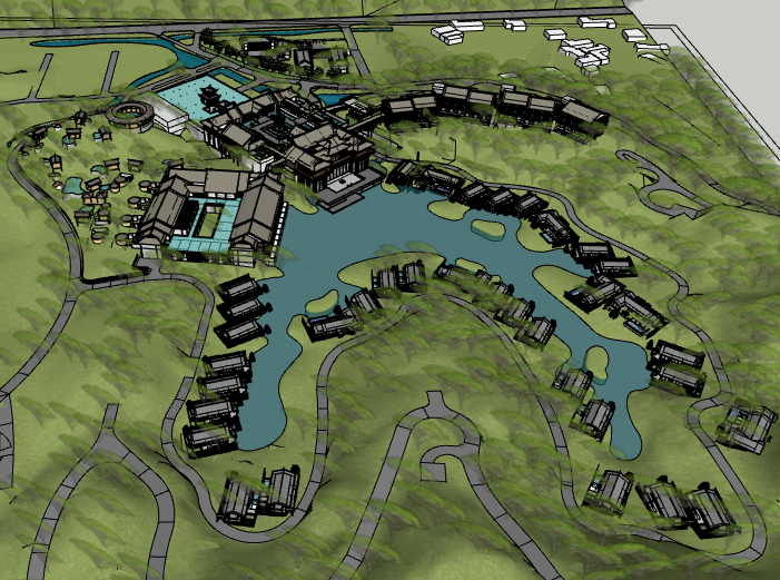 山地民宿方案总图资料下载-东方新古典禅意山地度假山庄民宿酒店SU模型