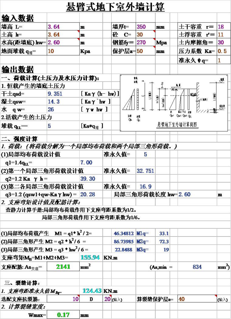 人防墙计算excel资料下载-悬臂地下室外墙计算书excel(含人防)