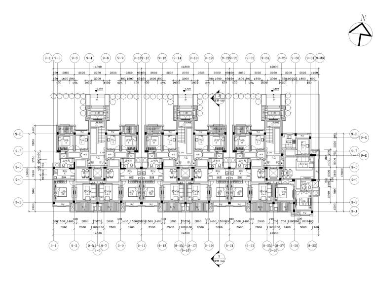 两拼户型图资料下载-多层洋房1T2三拼_2+2面宽户型图(90+90)