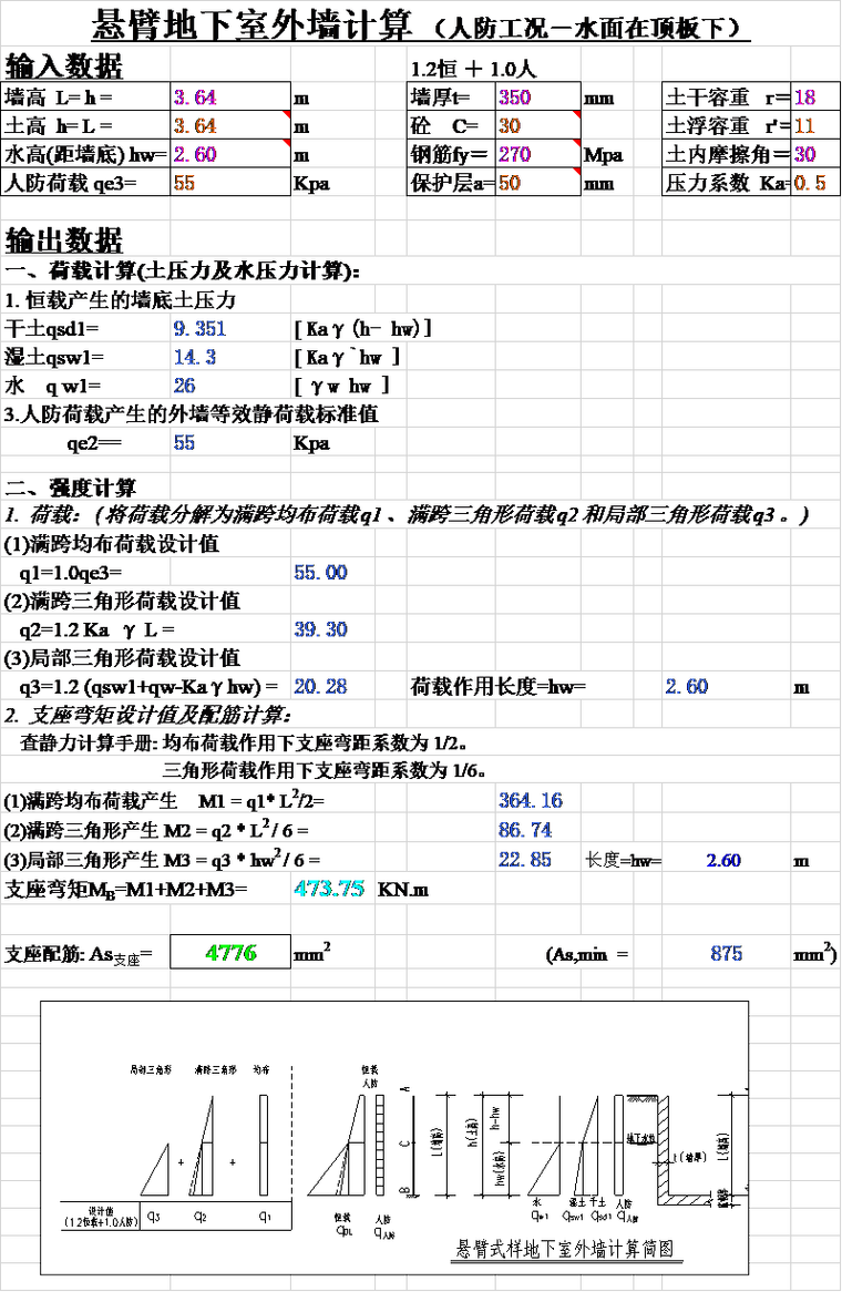 悬臂地下室外墙计算书excel(含人防)-002