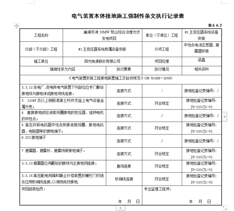 50MW荒山综合治理光伏发电项目电气强条执行-电气装置本体接地施工强制性条文执行记录表