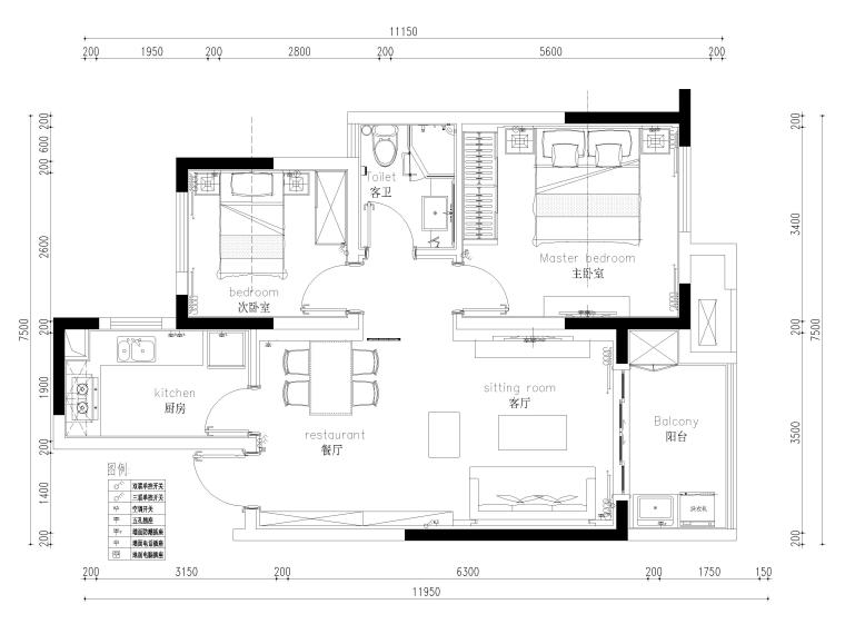 [江苏]85㎡现代两居室家装样板间设计施工图-机电点位图