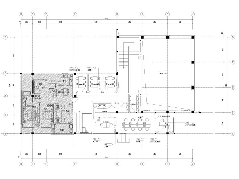 [江苏]883㎡现代二层售楼处装饰设计施工图-二层平面布置图