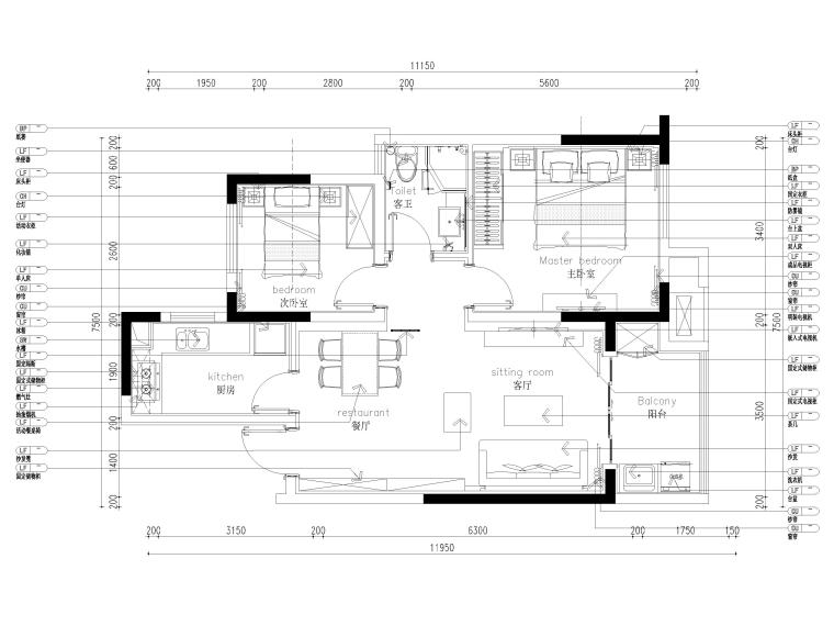 [江苏]85㎡现代两居室家装样板间设计施工图-平面布置图