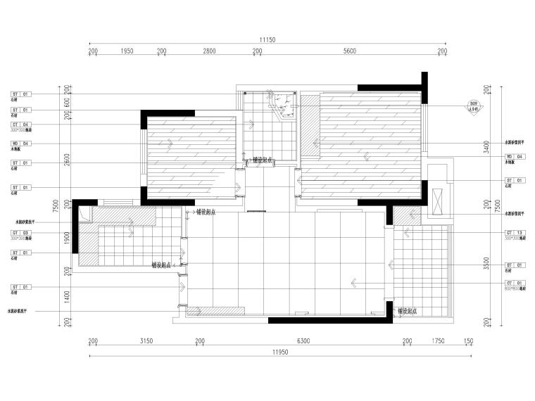 [江苏]85㎡现代两居室家装样板间设计施工图-地面铺装图