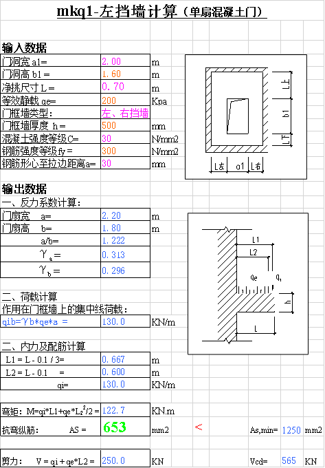 人防门框墙混凝土单扇门计算书excel-图片4