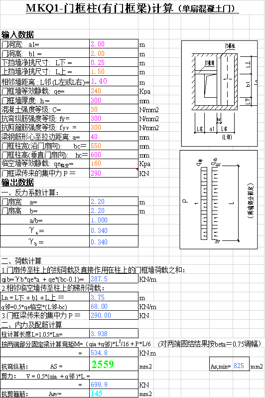 人防门框墙混凝土单扇门计算书excel-图片1