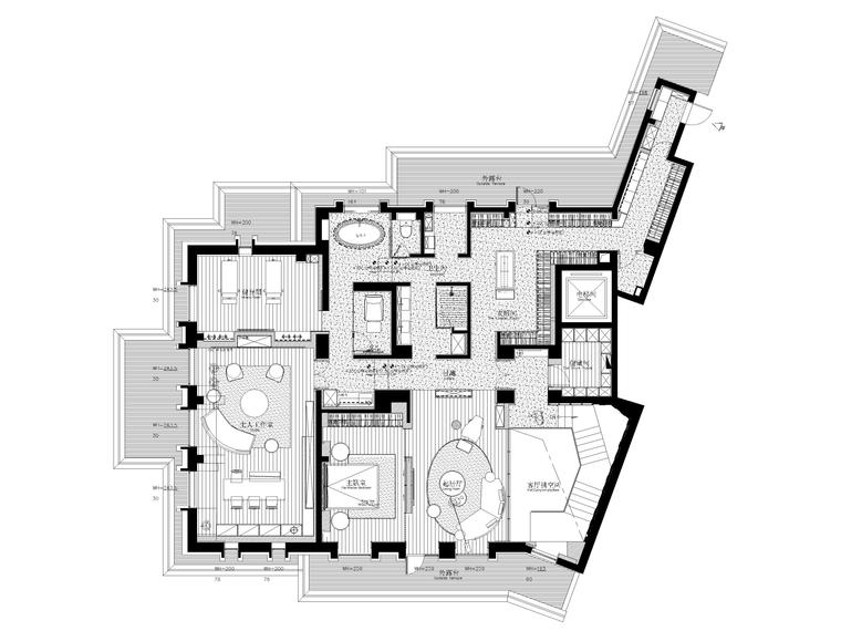 [辽宁]540㎡现代四居顶奢复式豪宅施工图-复式二层平面布置图