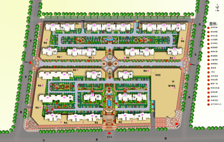 手绘风居住小区彩平psd-居住区景观设计彩平图