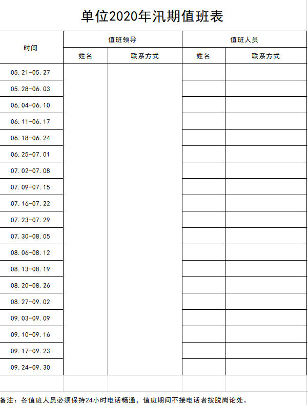 单位2020年汛期值班表