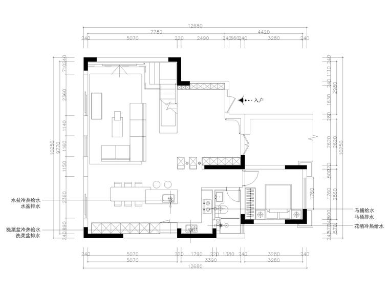 ​178㎡现代台式风两居室别墅私宅施工图-一层给排水定位图