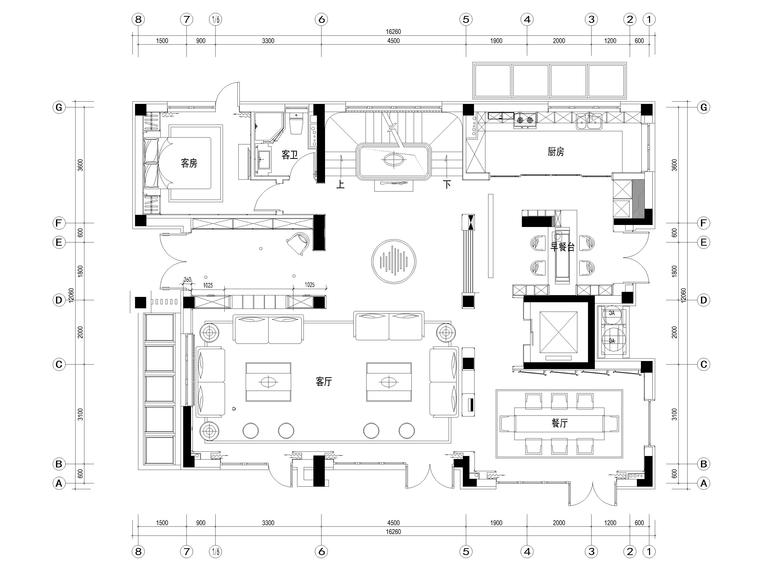 [北京]三层五居室别墅样板房装修设计施工图-一层平面布置图