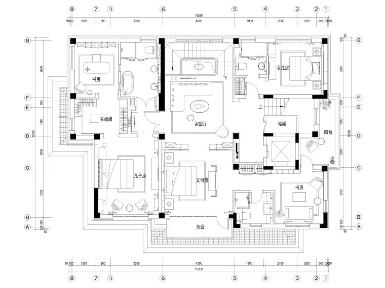 [北京]三层五居室别墅样板房装修设计施工图-二层平面布置图