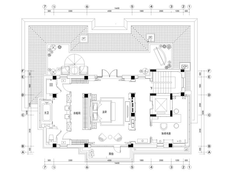 [北京]三层五居室别墅样板房装修设计施工图-三层平面布置图