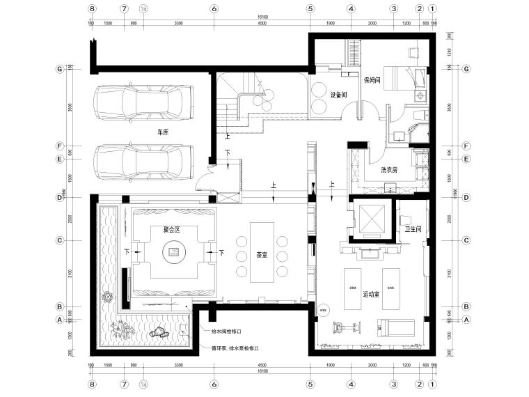 [北京]三层五居室别墅样板房装修设计施工图-负一层平面布置图