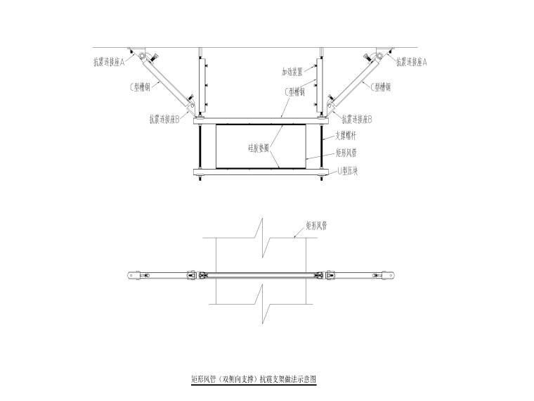 暖通通用节点图CAD-矩形风管（双侧向支撑）抗震支架做法示意图