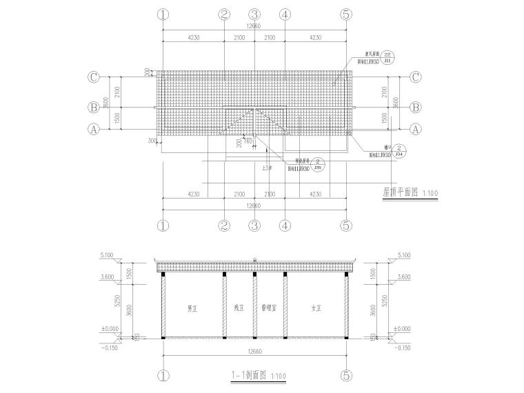 粮油交易市场公厕建筑结构施工图2019-建筑剖面图、屋顶平面图