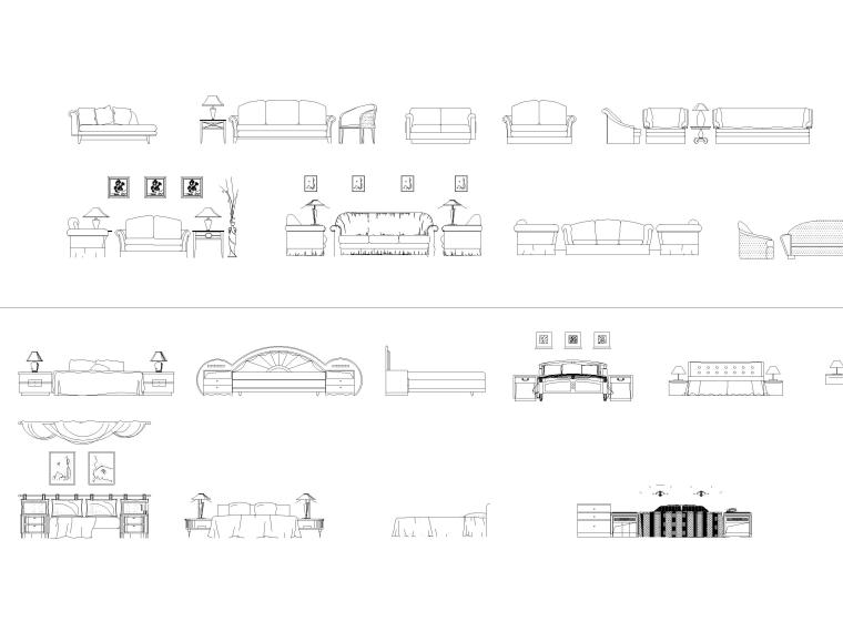 CAD常用图库_指北针,书画,电气标志,家具等-沙发，床立面图块