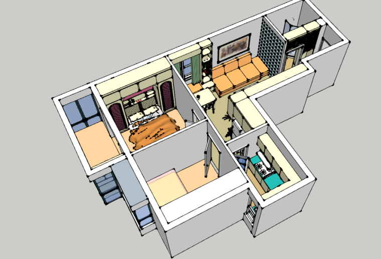 室内户型两室资料下载-62㎡小户型两室两厅SU模型设计