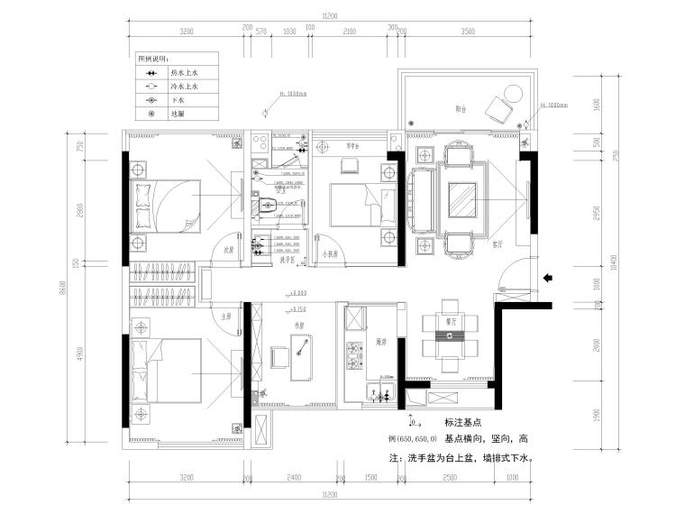 [深圳]嘉葆润92㎡三居现代家装样板房施工图-给排水布置图