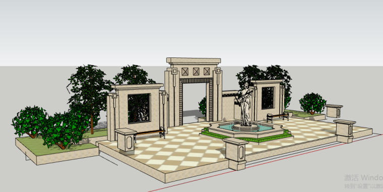 欧式居住小区su资料下载-小区欧式景墙雕塑喷泉组合场景SU模型