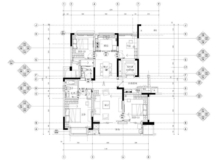 [宁波]111㎡现代三居室家装装修设计施工图-平面布置图