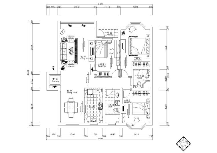 [福建]漳州某住宅三居室设计施工图-平面布置图