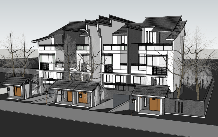 两层住宅模型资料下载-徽派民居风格4层住宅_别墅建筑设计模型