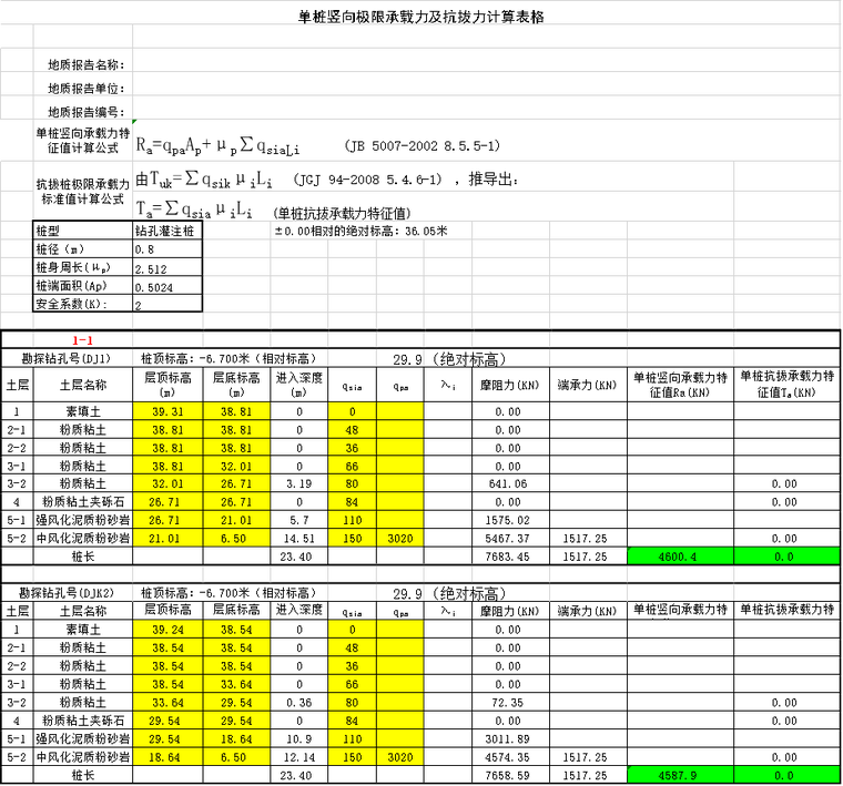 桩基抗拔计算表格资料下载-单桩竖向极限承载力及抗拔力计算表格Excel