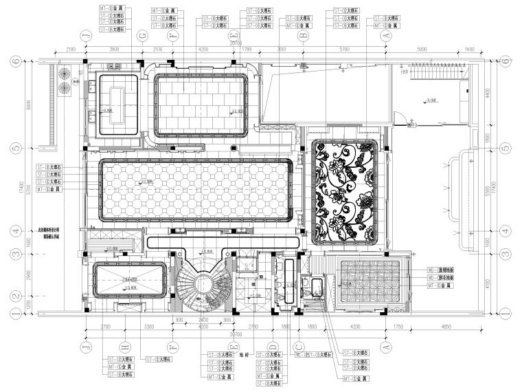 [江苏]1500㎡新中式二层五居别墅装修施工图-[江苏]1200㎡二层五居室别墅设计全套施工图-一层地面铺装图