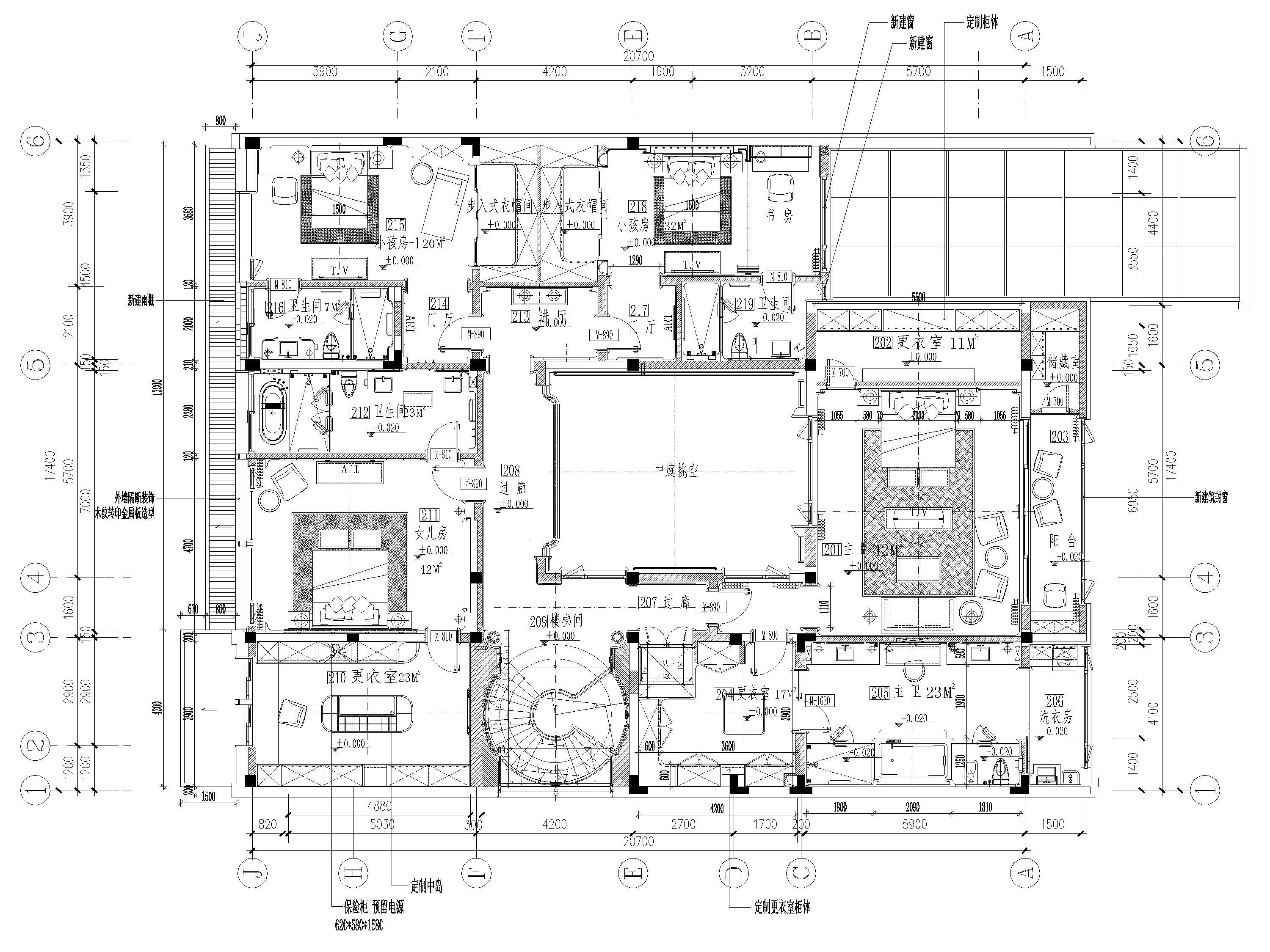 [江蘇]1200㎡二層五居室別墅設計全套施工圖-二層平面佈置圖